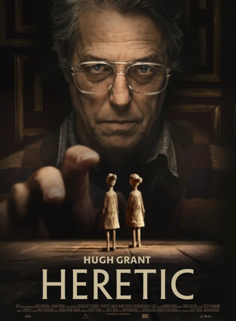 Heretic: Scaled movie poster with Hugh Grant's intense portrayal.